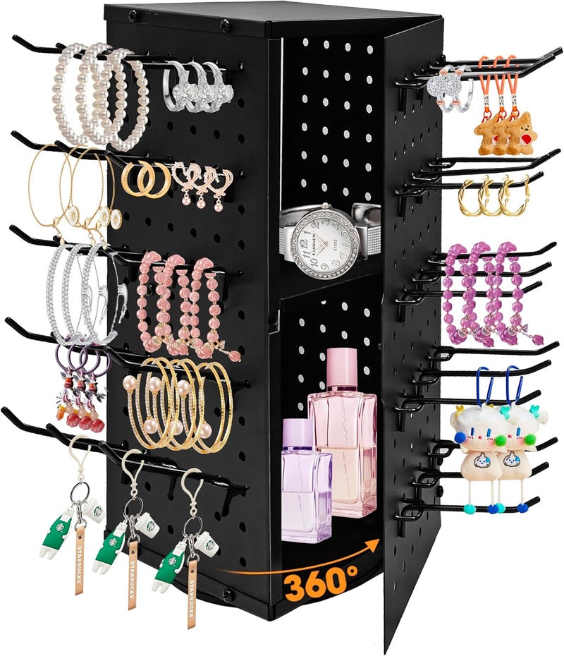 NewEle 360° Rotating Pegboard Display Stand with 60 Hooks & Inner Storage Compartments - Metal Peg Board Keychain Jewelry Display Stand for Vendors, Retail, Craft Shows (Black) - Image 1
